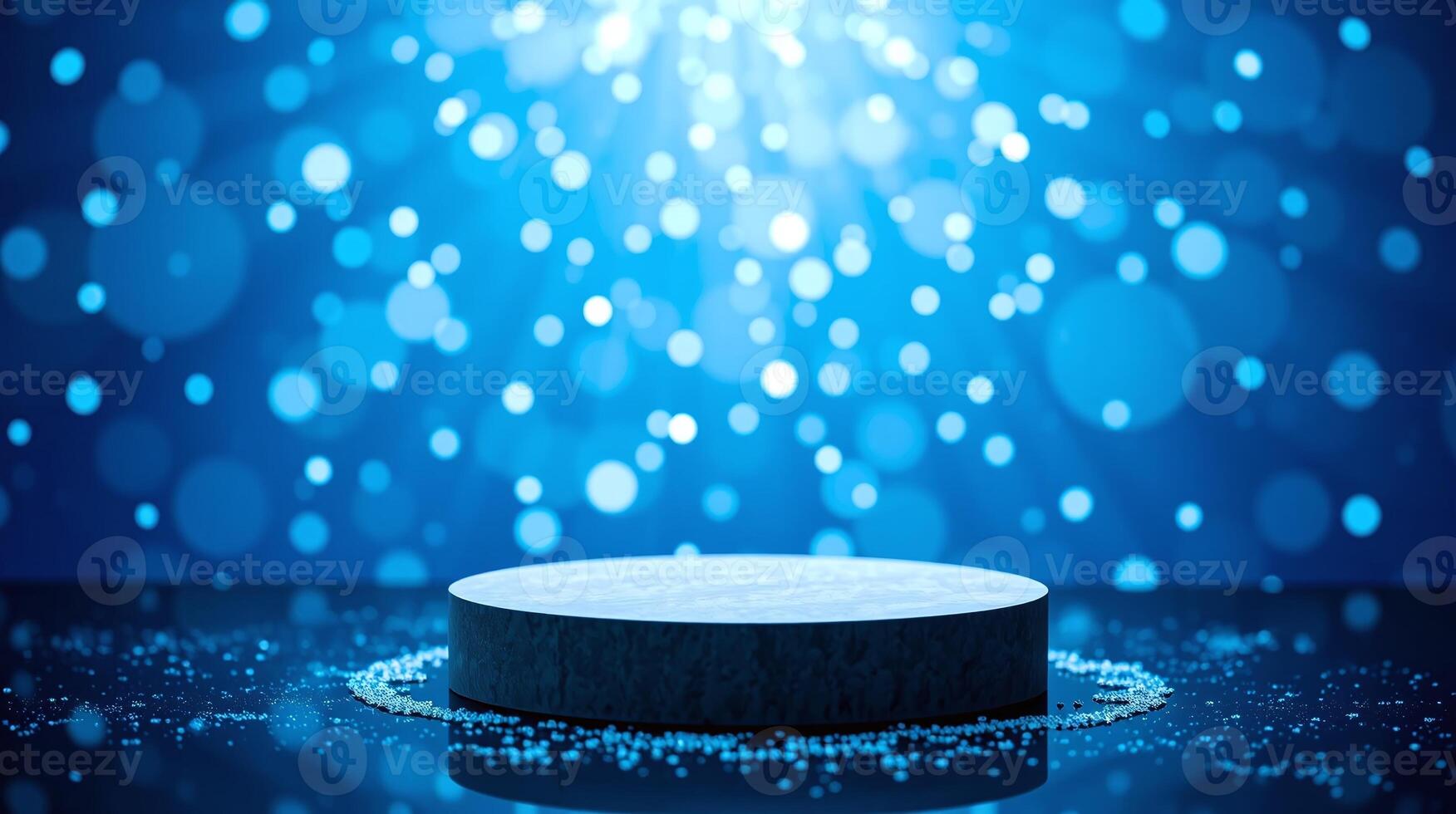A blue pedestal on a glittery floor, illuminated by a radiant light. photo