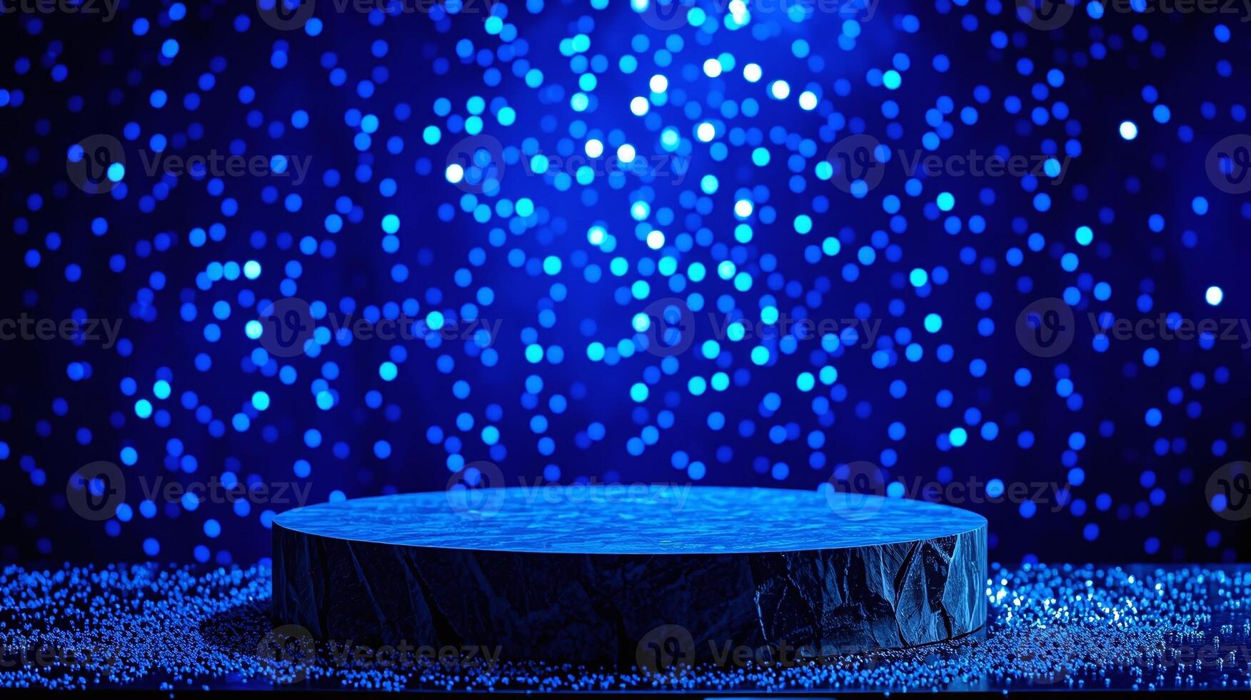 A circular platform, illuminated by a radiant blue light source, set against a vast, starry expanse. photo
