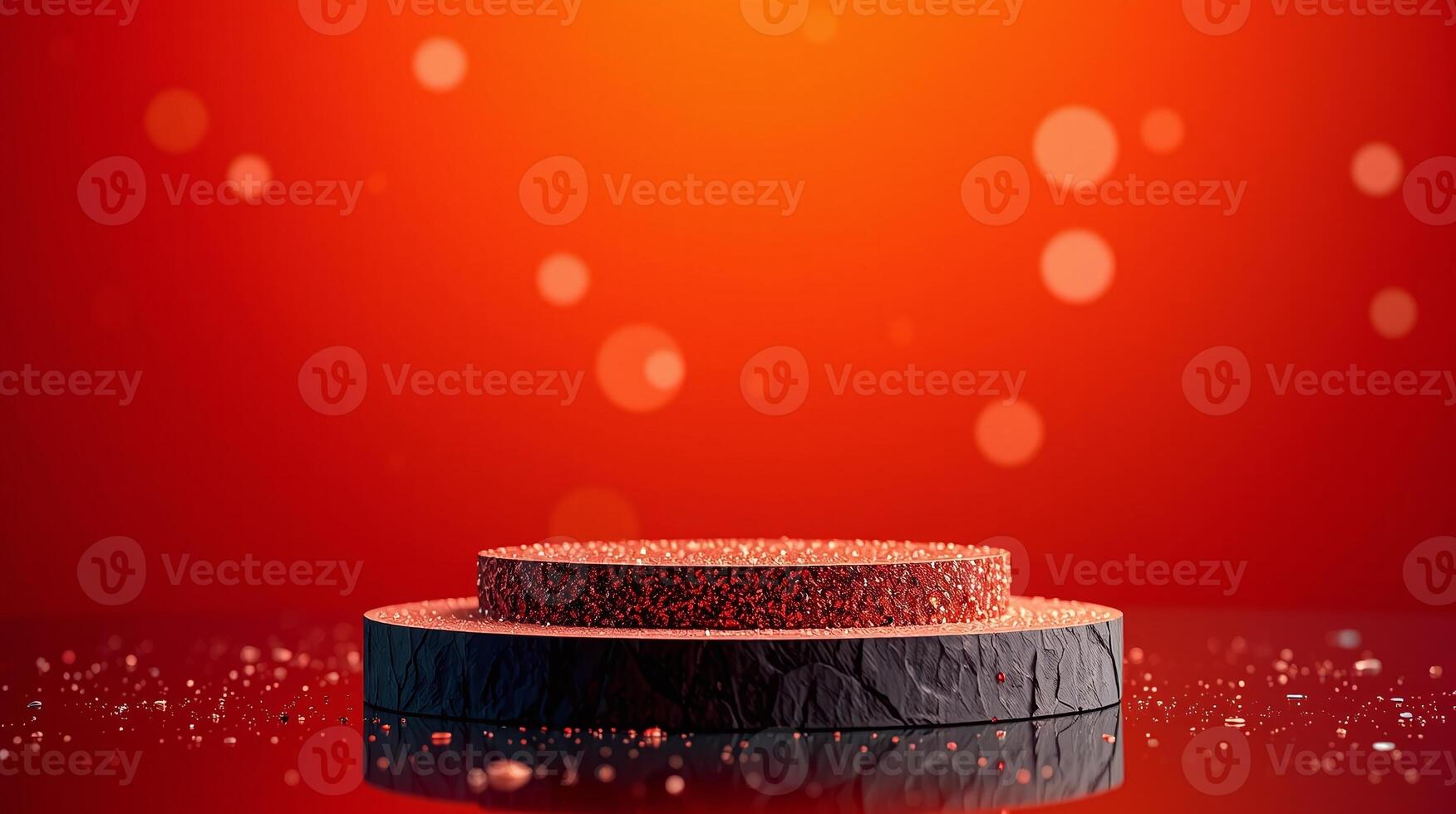 A black podium with a red speckled surface stands against a vibrant red background adorned with circular light reflections. photo