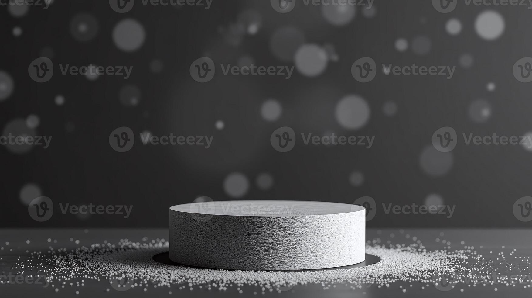 A pedestal with a textured base amidst a scattering of white specks on a gray backdrop, evoking a minimalist and modern aesthetic. photo