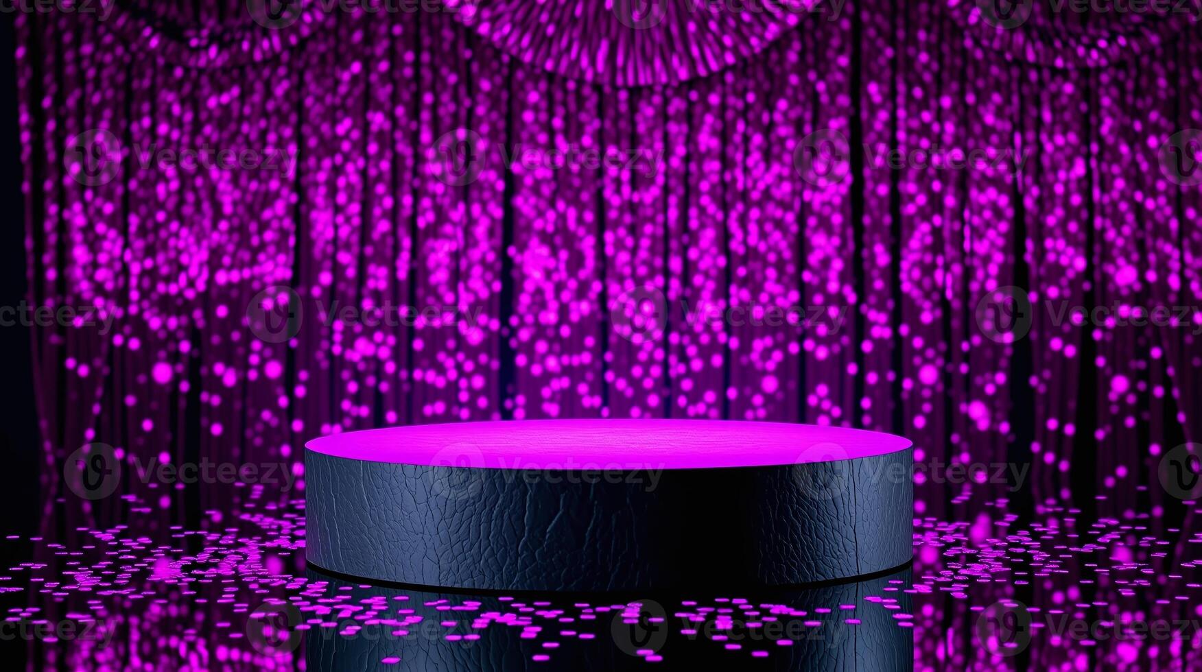 A pedestal illuminated in purple light against a glittering backdrop. photo