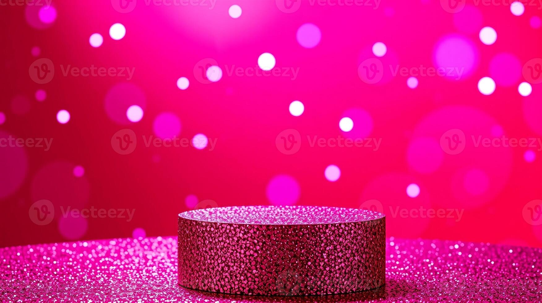 A vibrant, vivid pink podium with silver speckles stands against a background of blurred, glowing pink orbs. photo