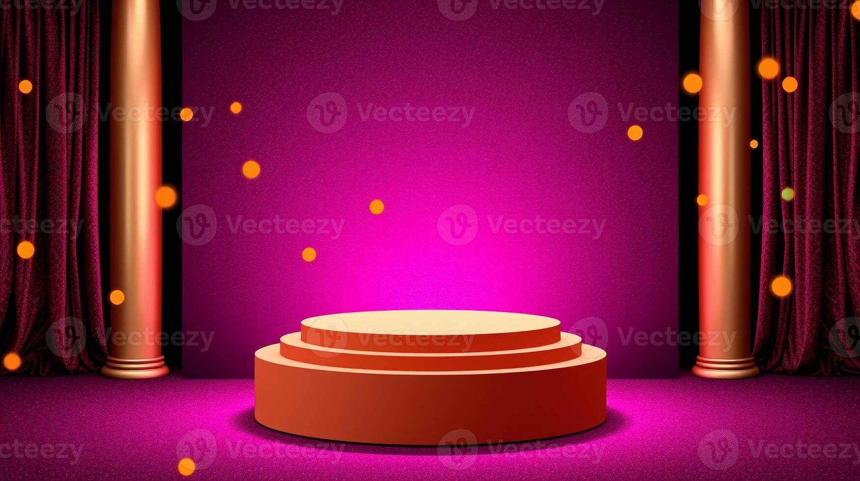The image depicts an elegant, empty stage adorned with rich red and gold decor. photo