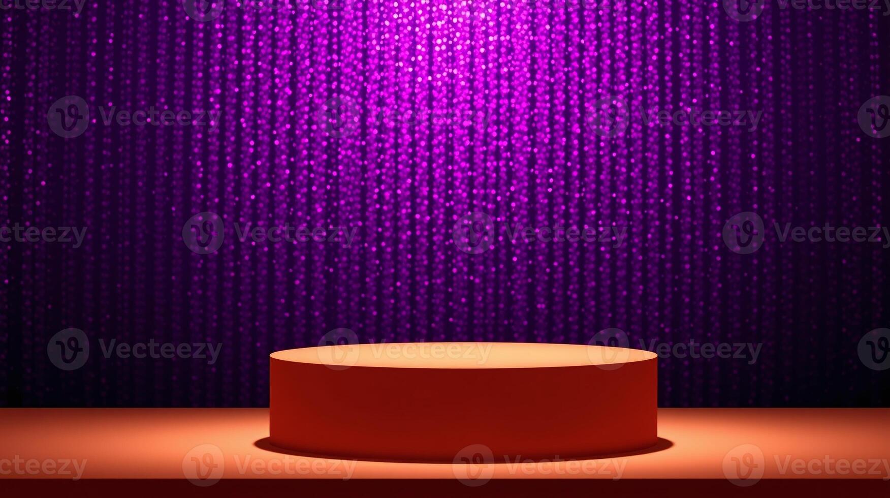 The image features a vibrant, illuminated pedestal against a backdrop of glittering purple lights. photo