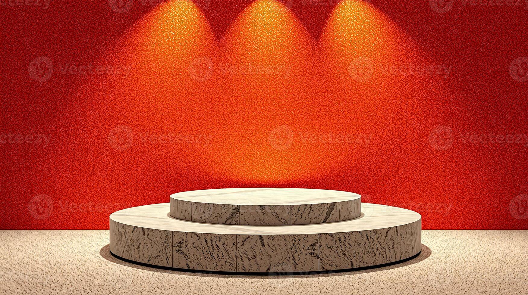 A classic, minimalist two-tiered pedestal against a textured, vibrant red backdrop, illuminated by three symmetrical orange lights. photo