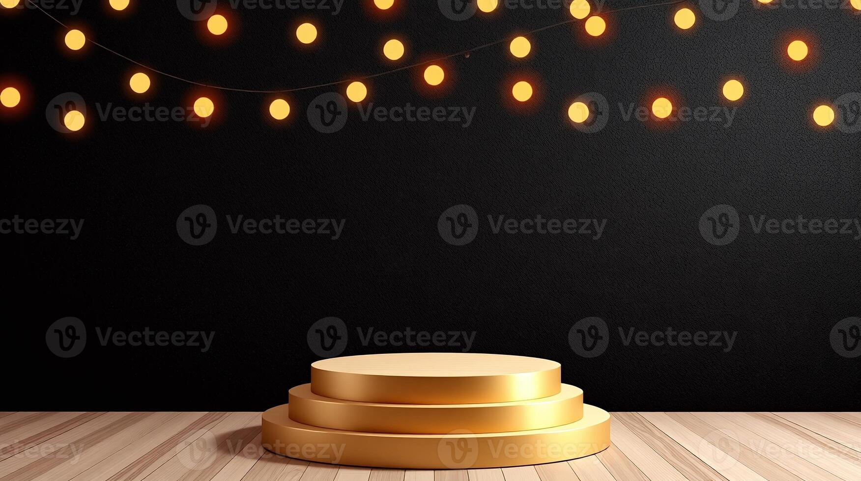 Three-tiered golden podium under sparkling lights on black background. photo