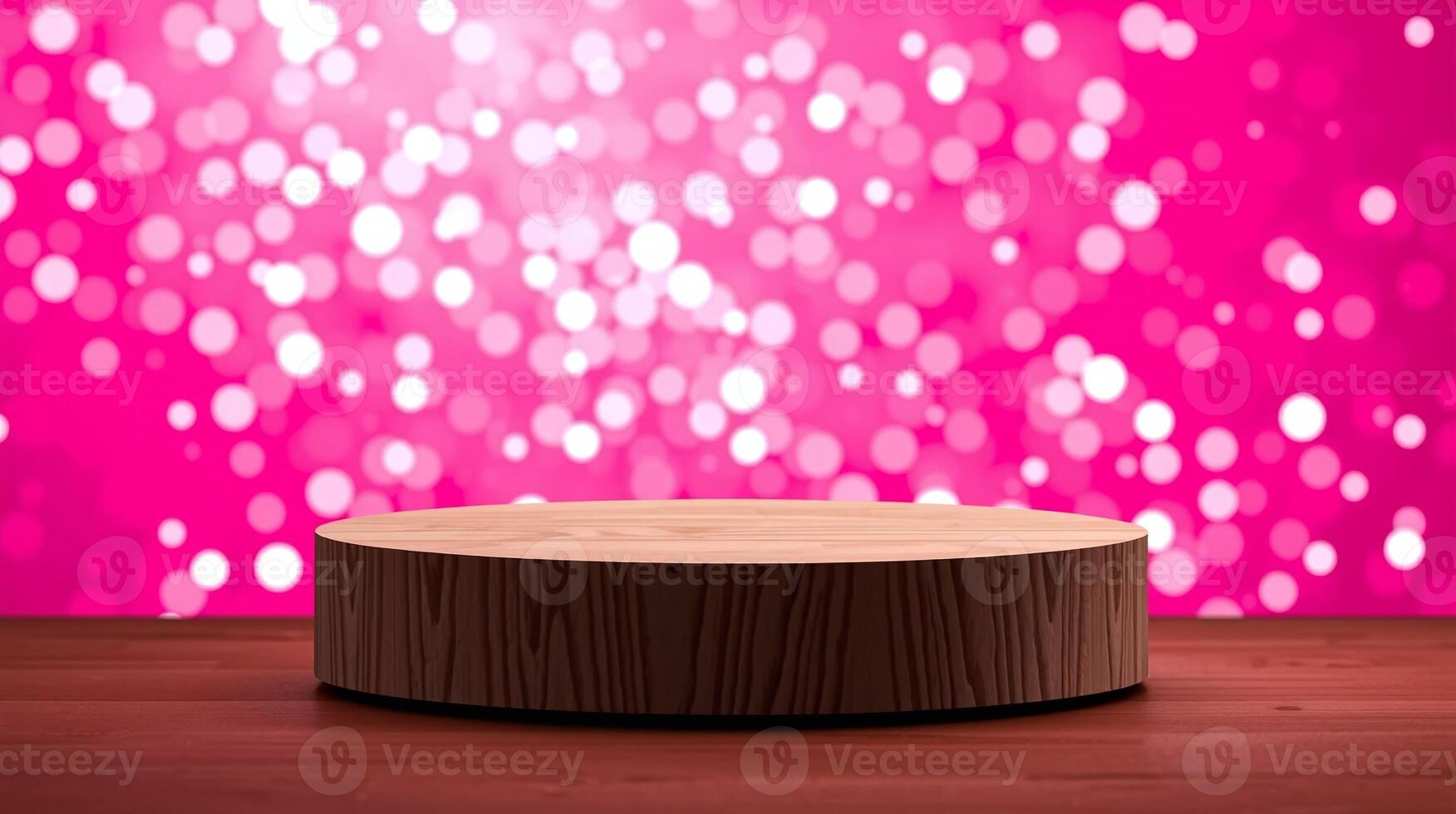 Circular wooden platform against a vibrant, diffused light backdrop. photo