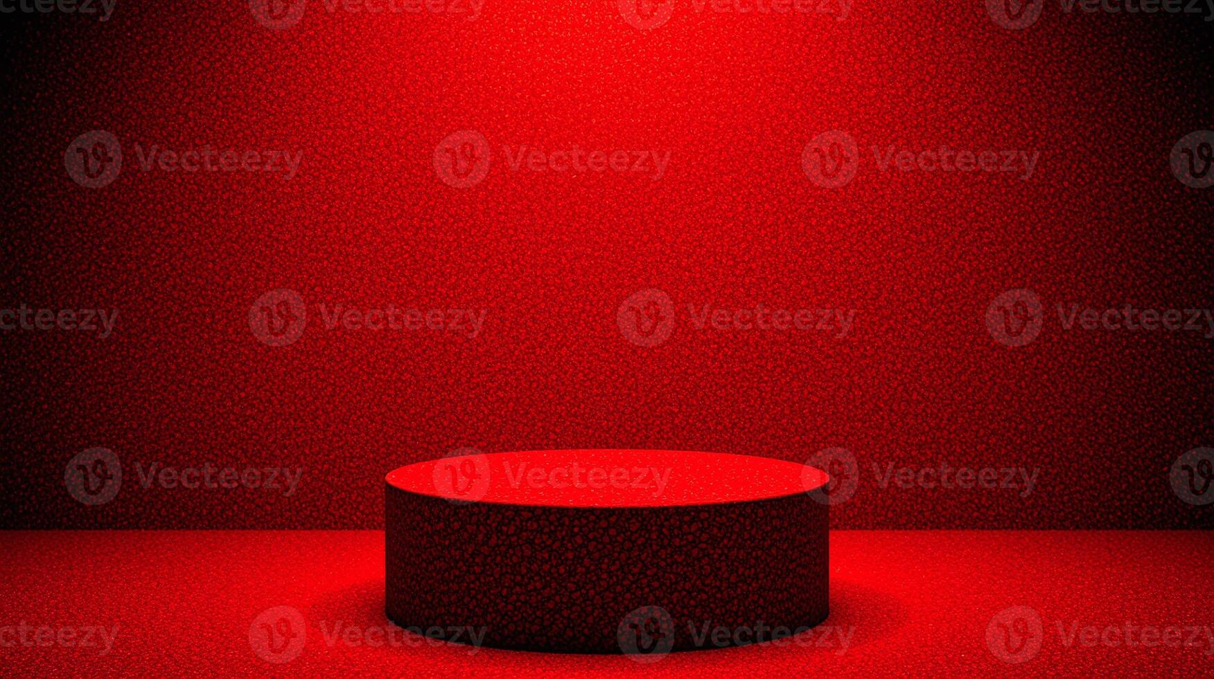 A black podium illuminated by a single red light against a textured red background. photo