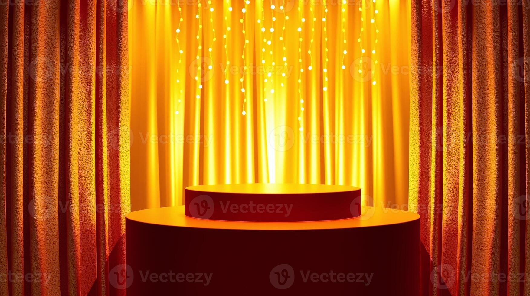 A sleek, round pedestal stands proudly against radiant, shimmering curtains, basking in the glow of golden lights. photo