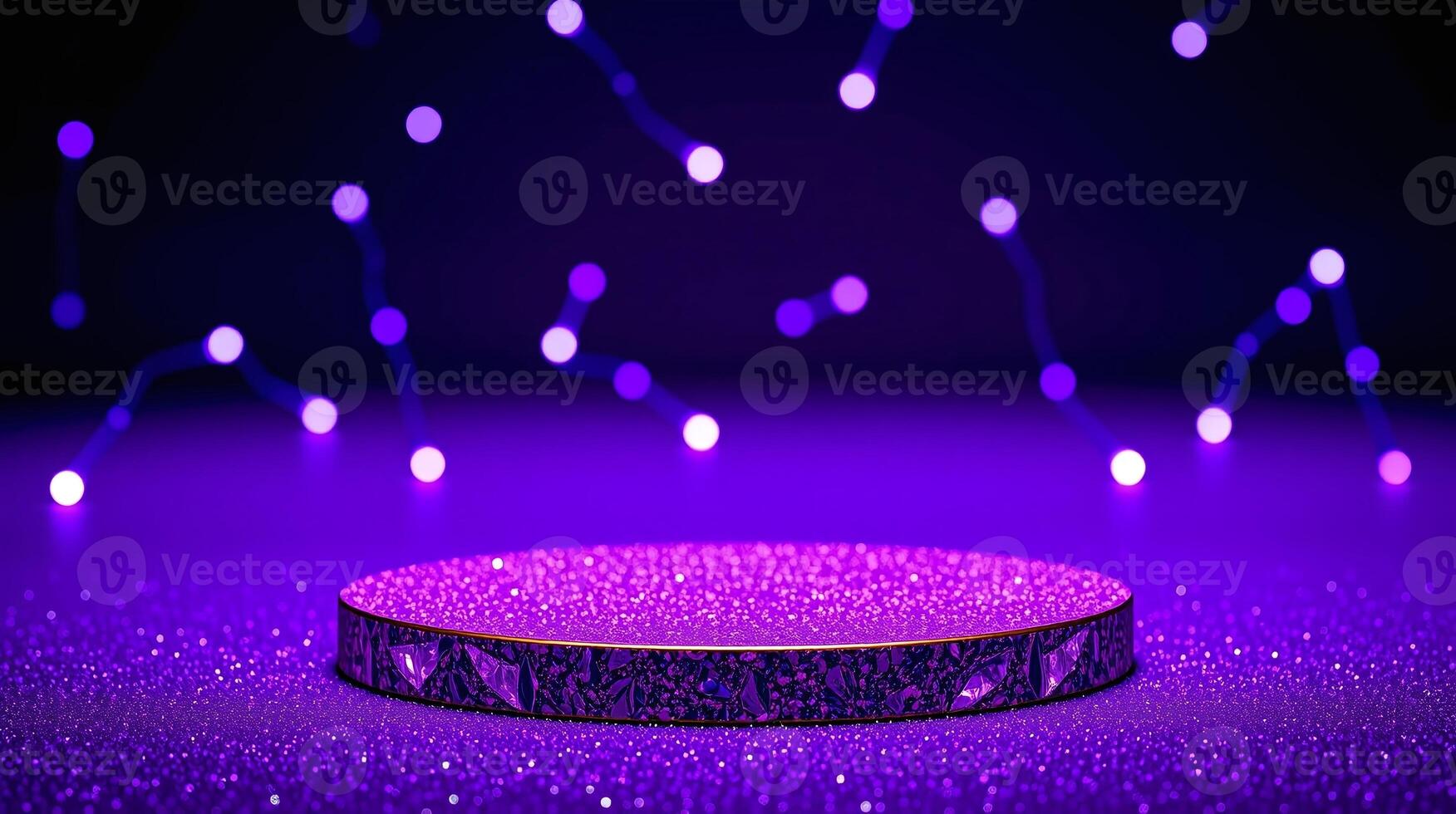 Glittering purple podium with illuminated lights in the background. photo