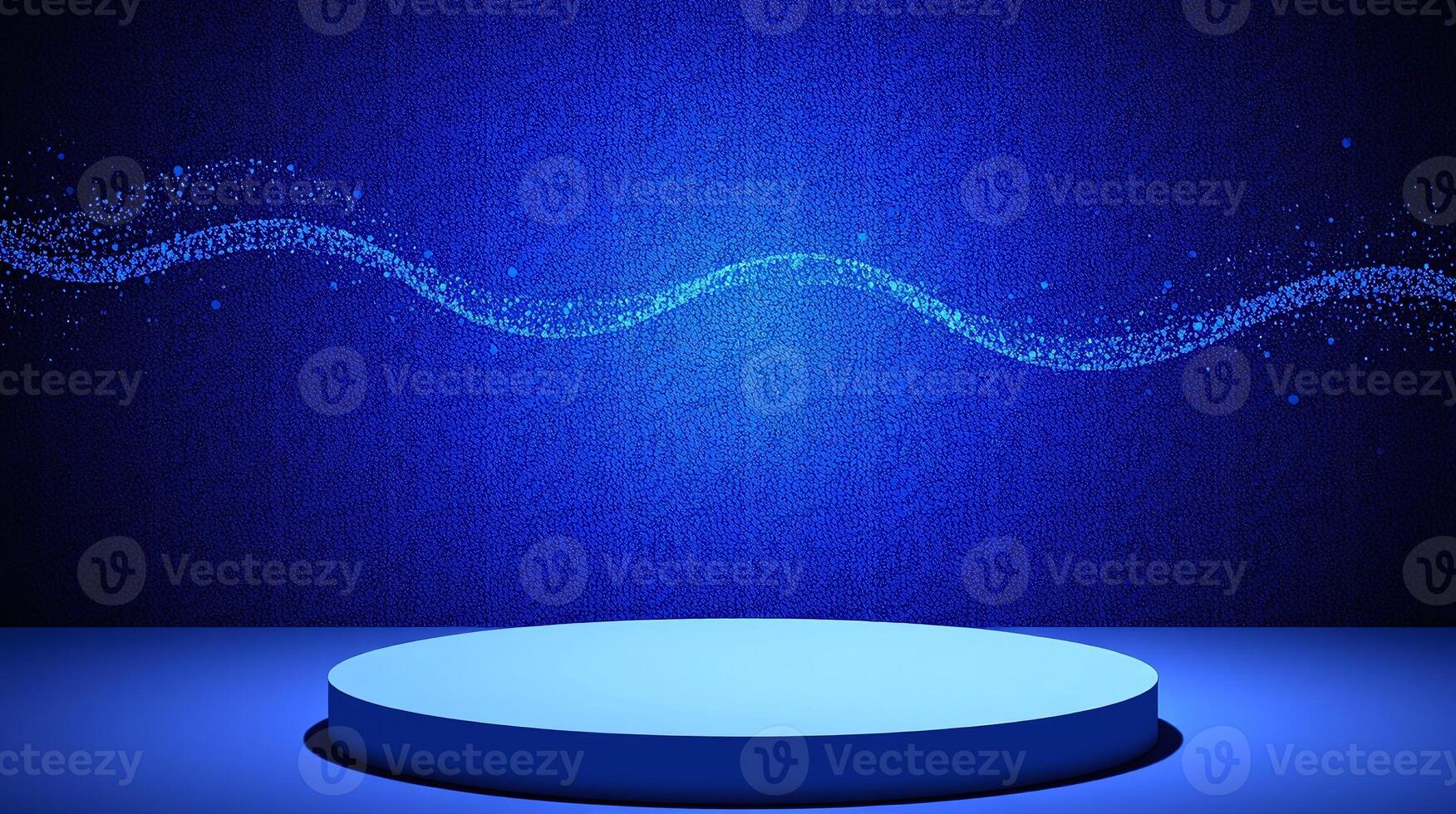 A solid blue circular platform illuminated by a wave of streaked blue light against a textured blue backdrop. photo