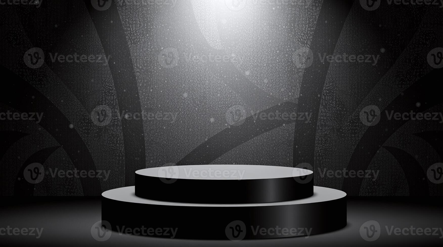 The image depicts a minimalist, black and white scene featuring a circular platform illuminated by a powerful light source against a textured, dark background. photo