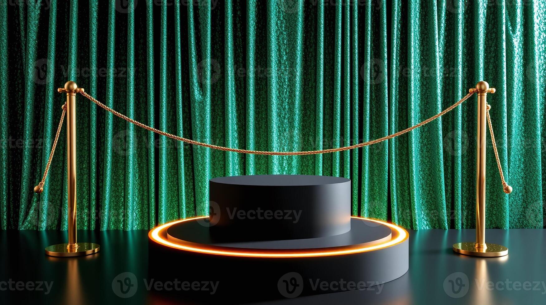 A black pedestal illuminated by neon lights against a glittering green curtain. photo