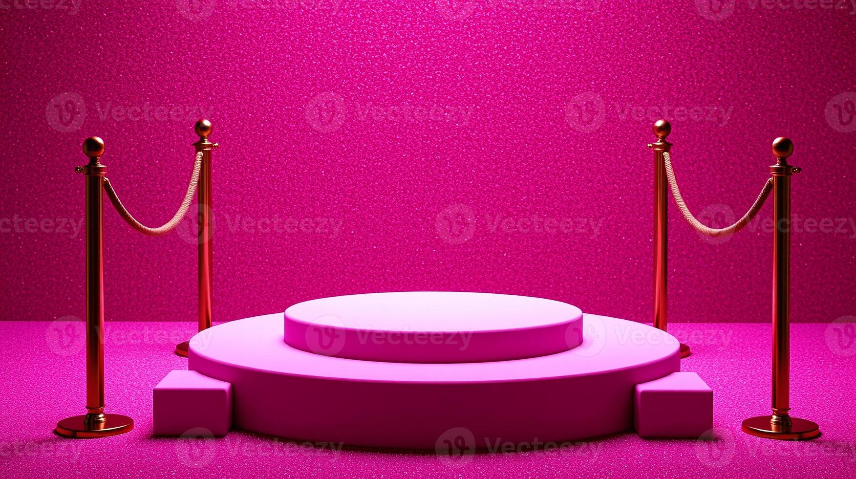A pedestal with a purple background, surrounded by gold stanchions and ropes. photo