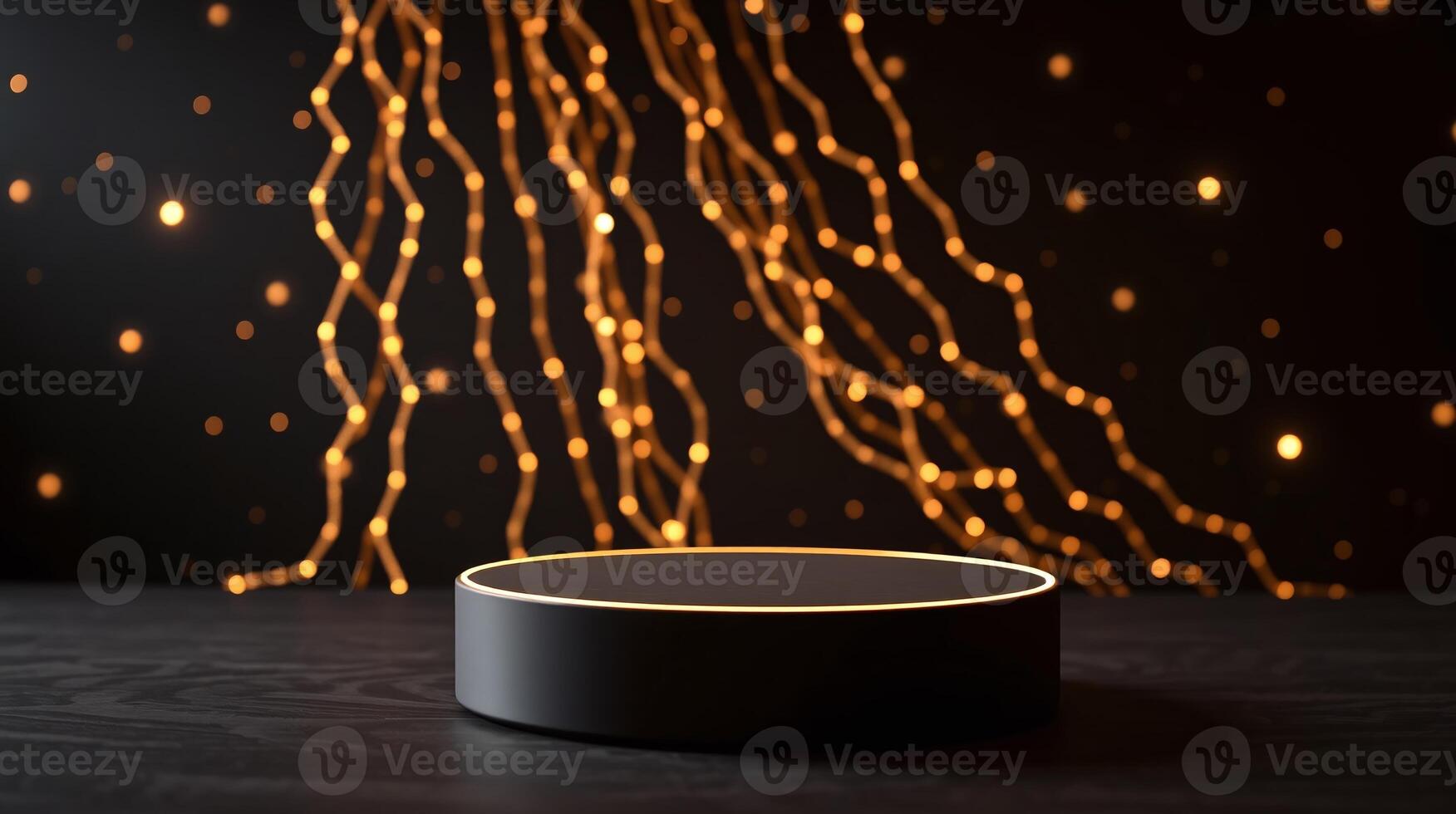 A pedestal illuminated by golden strings of lights on a dark backdrop. photo