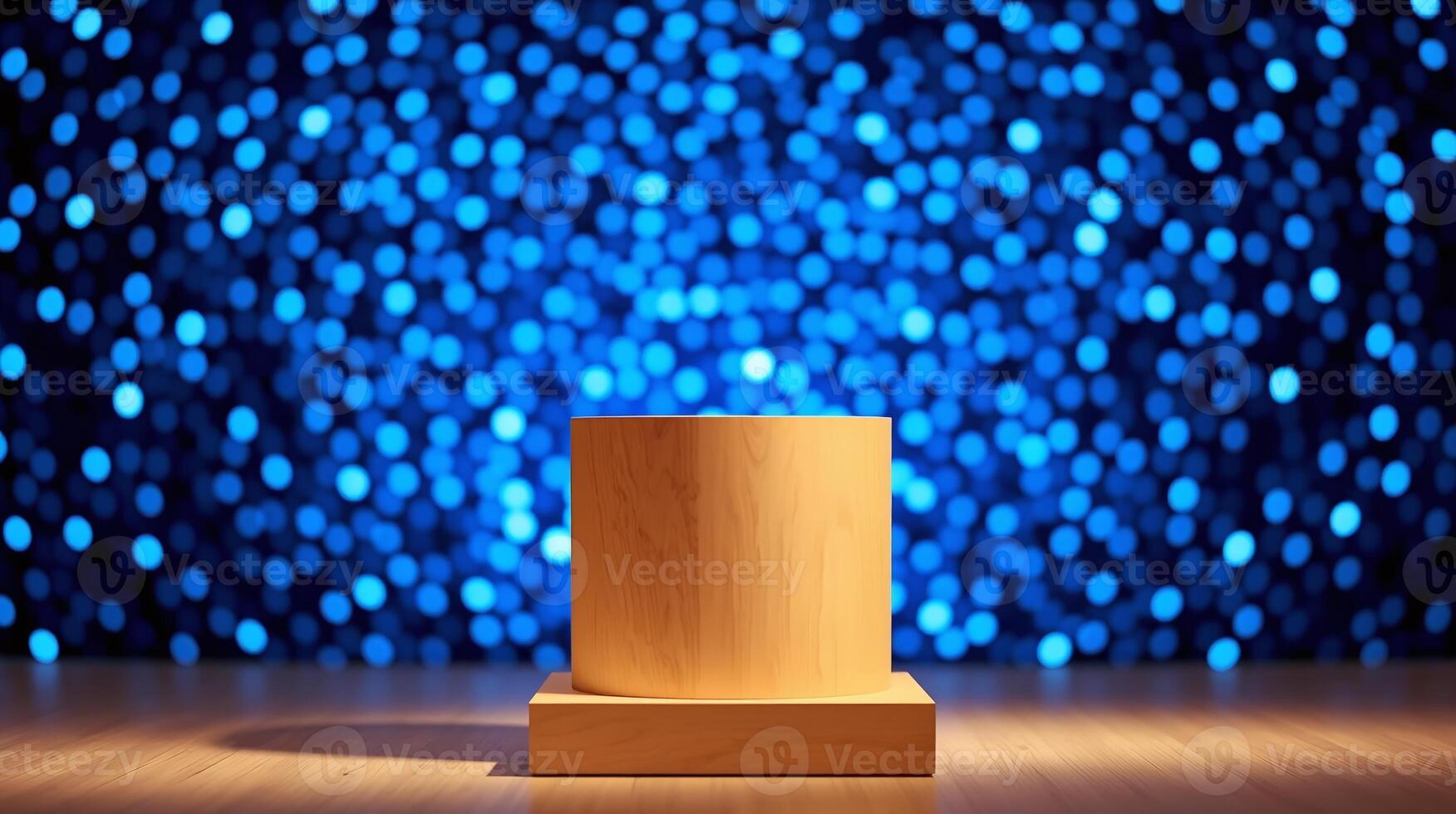 A wooden cylinder is displayed on a platform against a vibrant blue, illuminated background. photo
