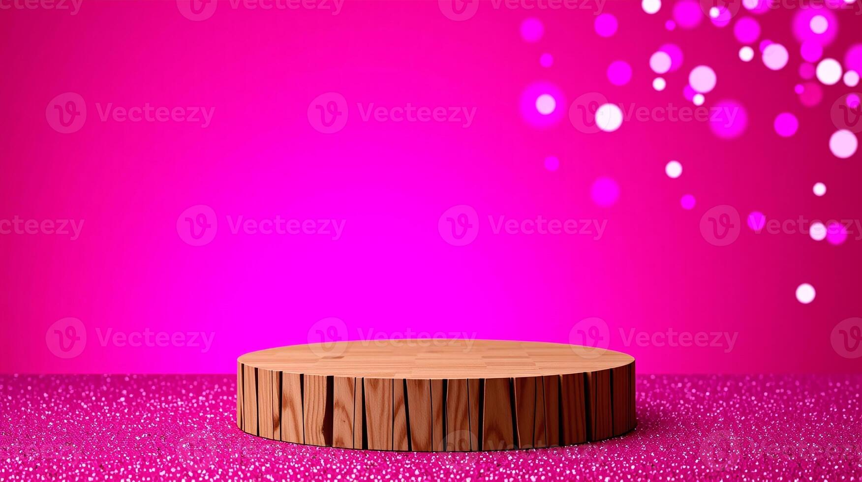 A wooden pedestal stands against a vibrant pink background adorned with bokeh lights. photo