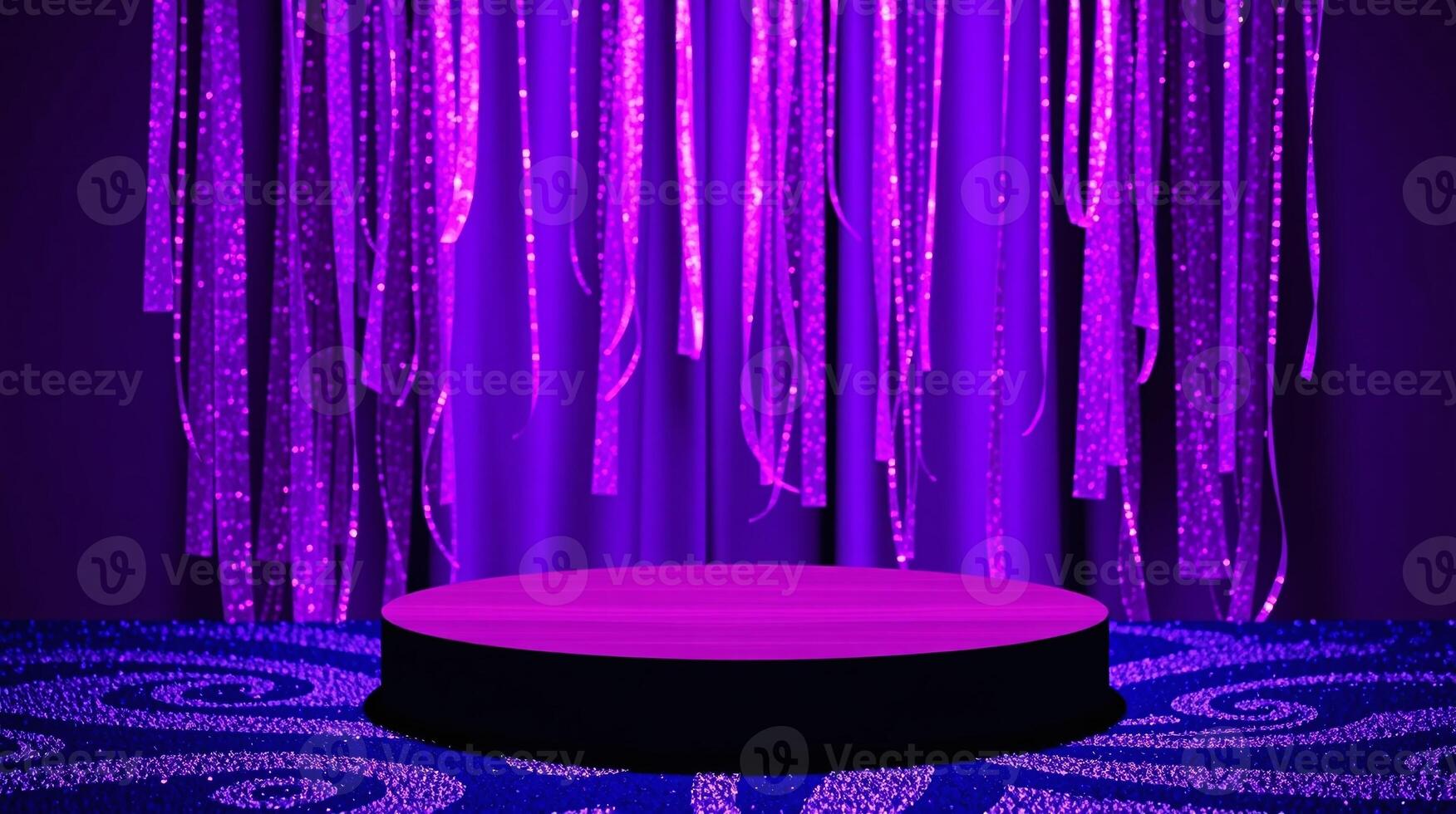 Circular platform illuminated by radiant purple lights. photo