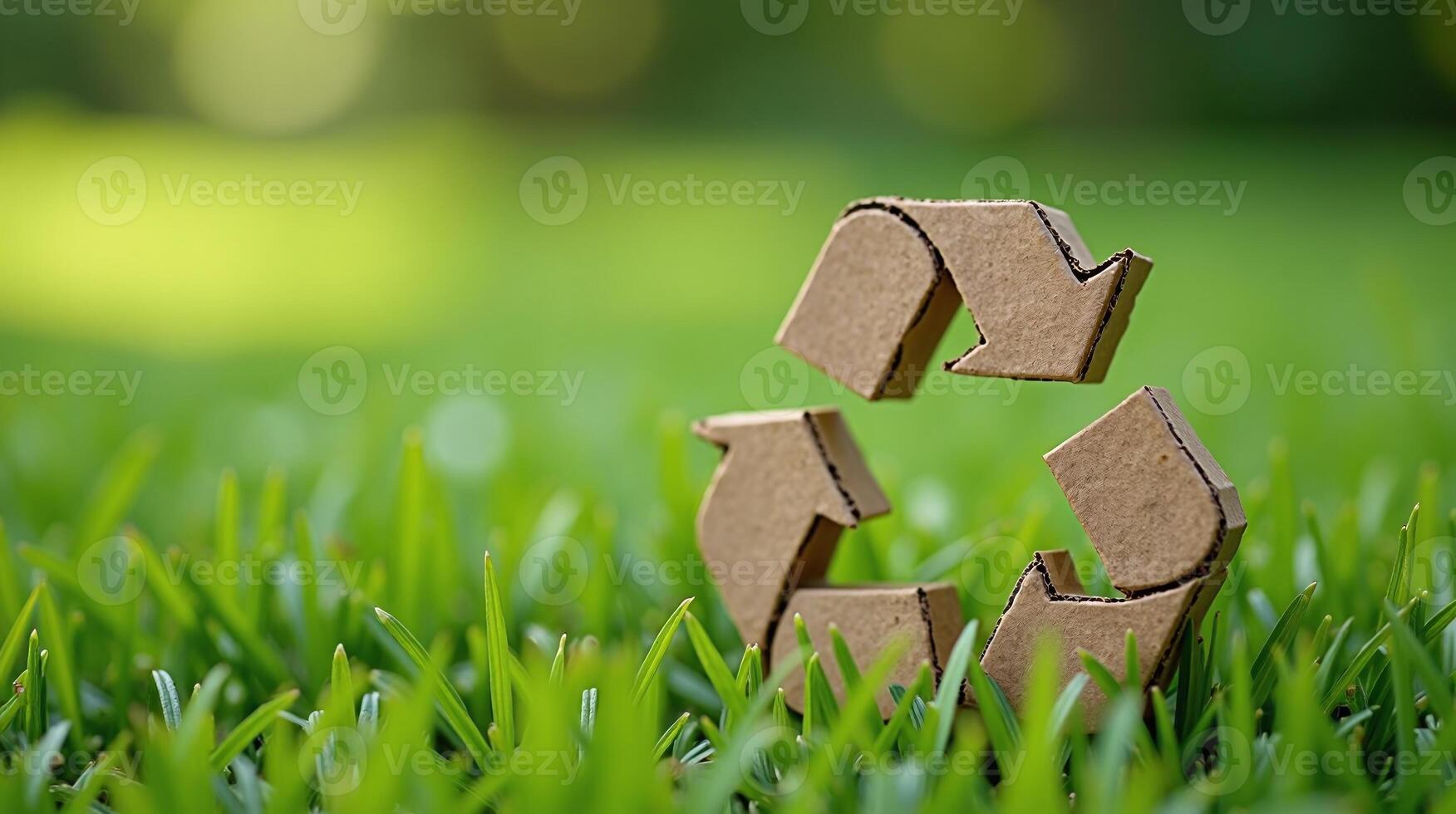 A symbolic cardboard recycling logo rests upon verdant grass. photo