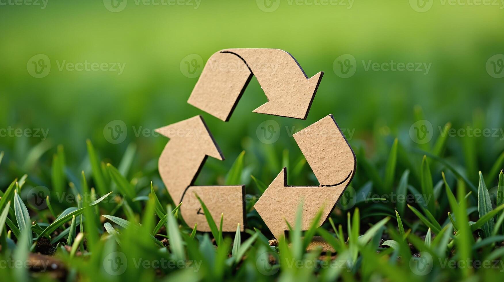 A recycling symbol stands prominently amidst vibrant green grass. photo