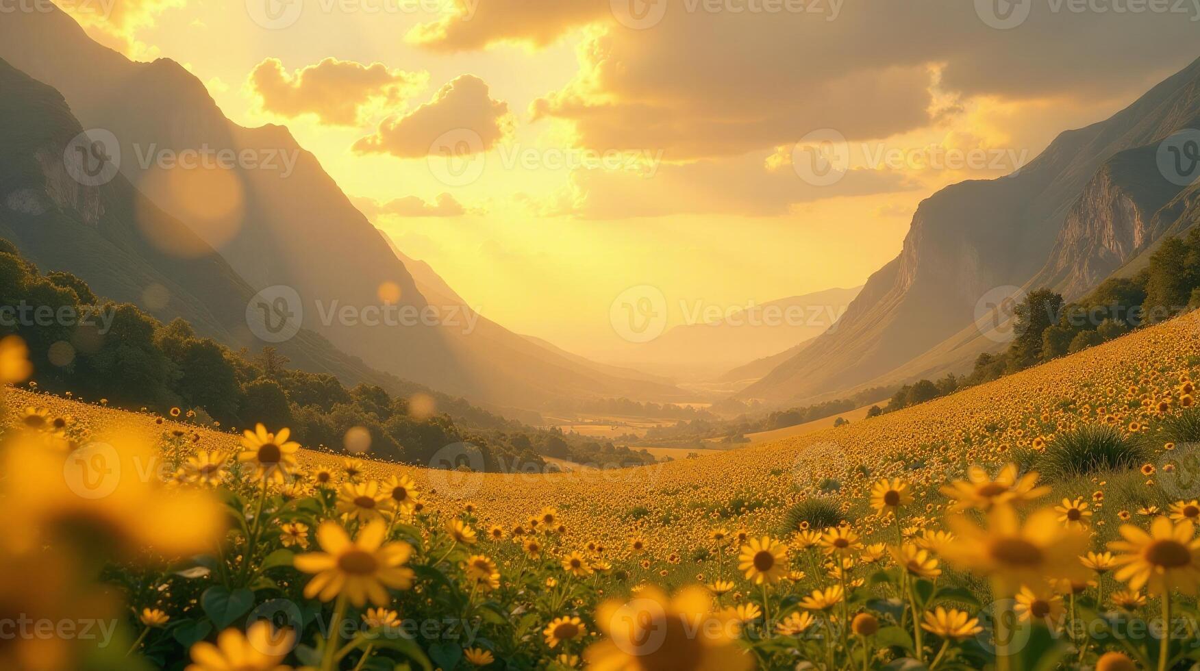 Golden field of flowers beneath a golden sky. photo