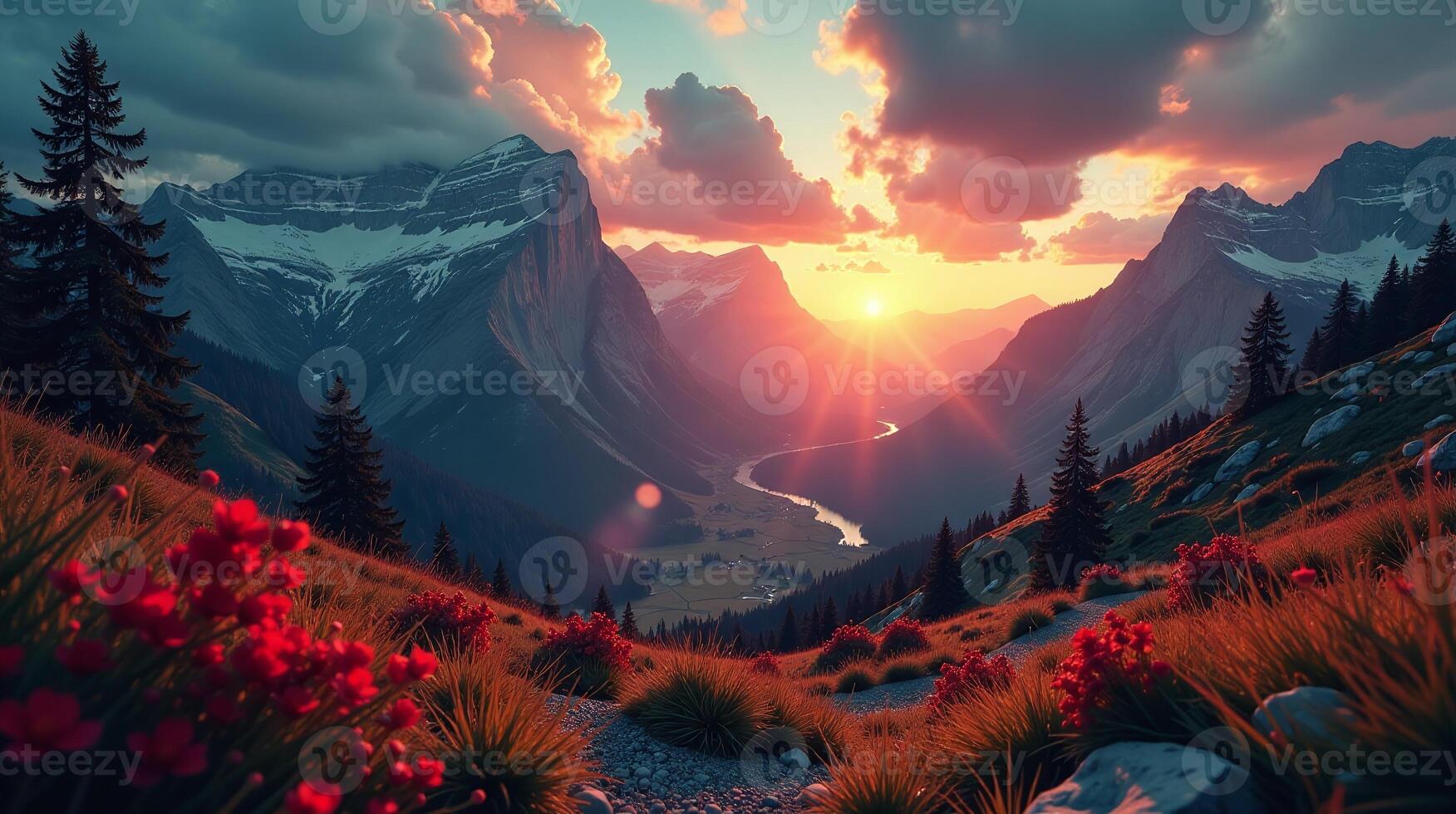 Riveting sunset over majestic, snow-capped mountains. photo