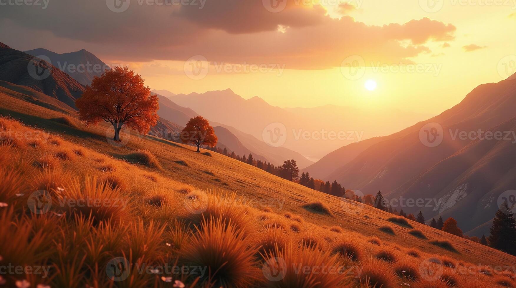 This image depicts a serene landscape at sunset, featuring rolling hills adorned with golden grass and two vibrant orange trees standing out against the warm hues of the sky. photo