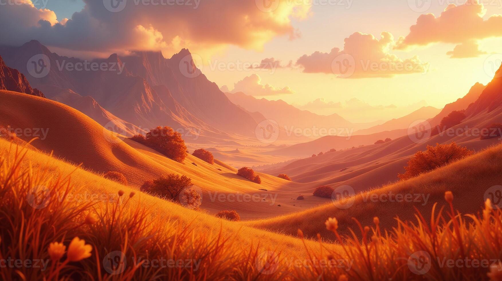 Breathtaking landscape at sunset, encompassing rolling hills, vibrant flora, and majestic mountains. photo
