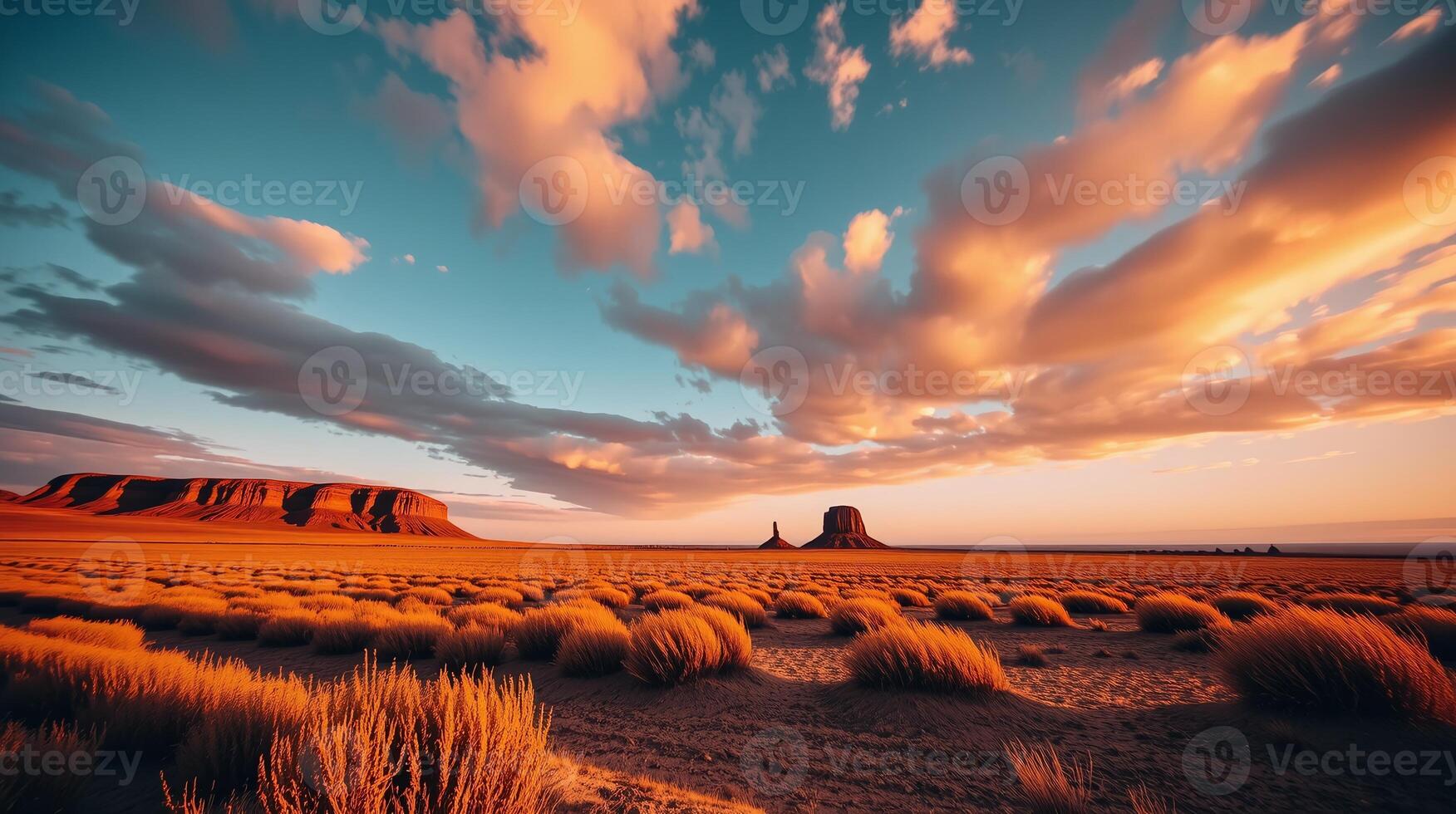 Idyllic desert landscape at sunset. photo