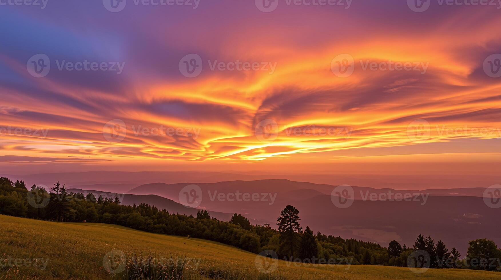 Sweeping sunset illuminates vast, layered mountainous terrain densely forested. photo