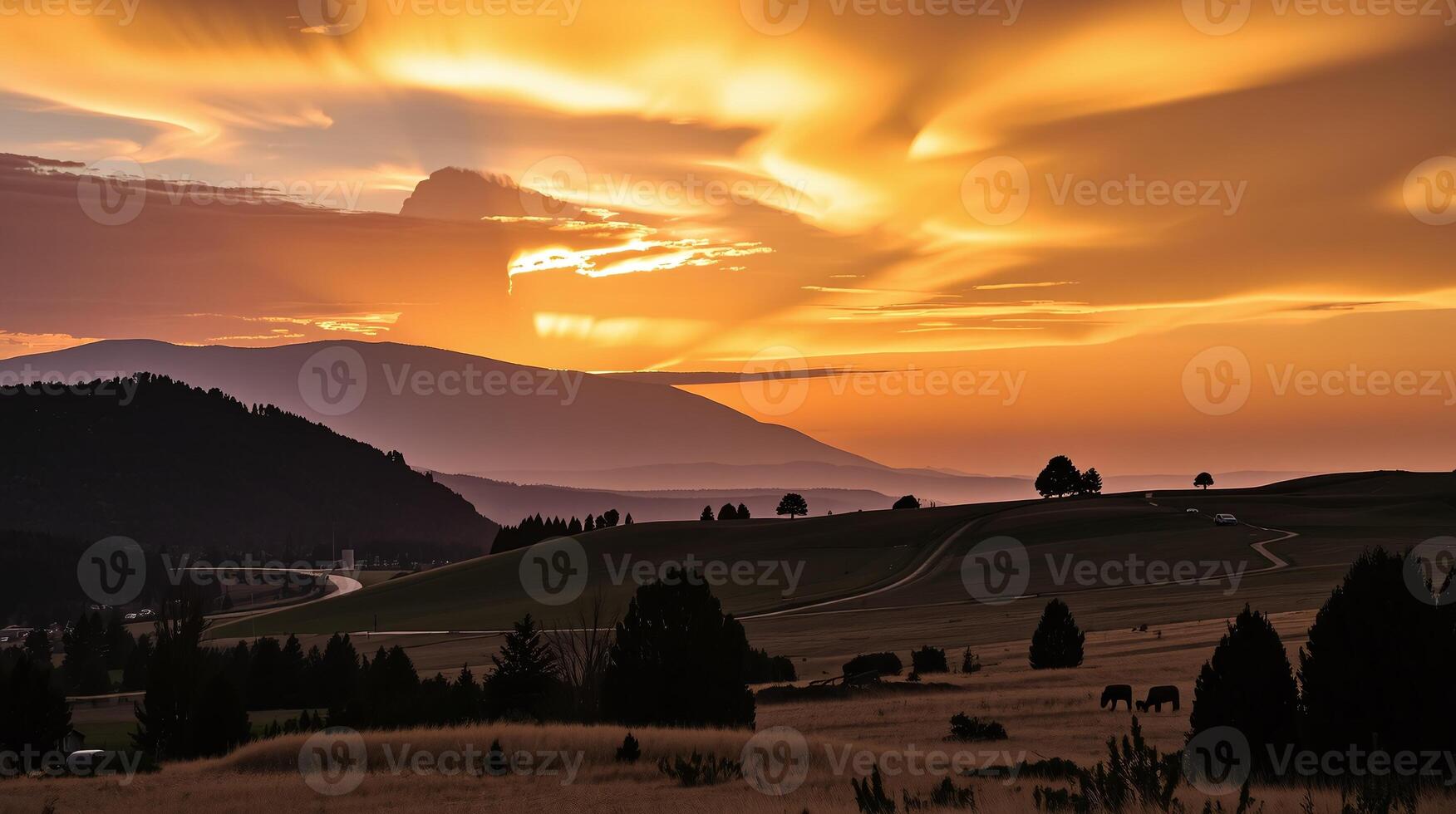 Sunset paints the sky with hues of orange and yellow, casting a warm glow upon the distant mountains and rolling hills. photo
