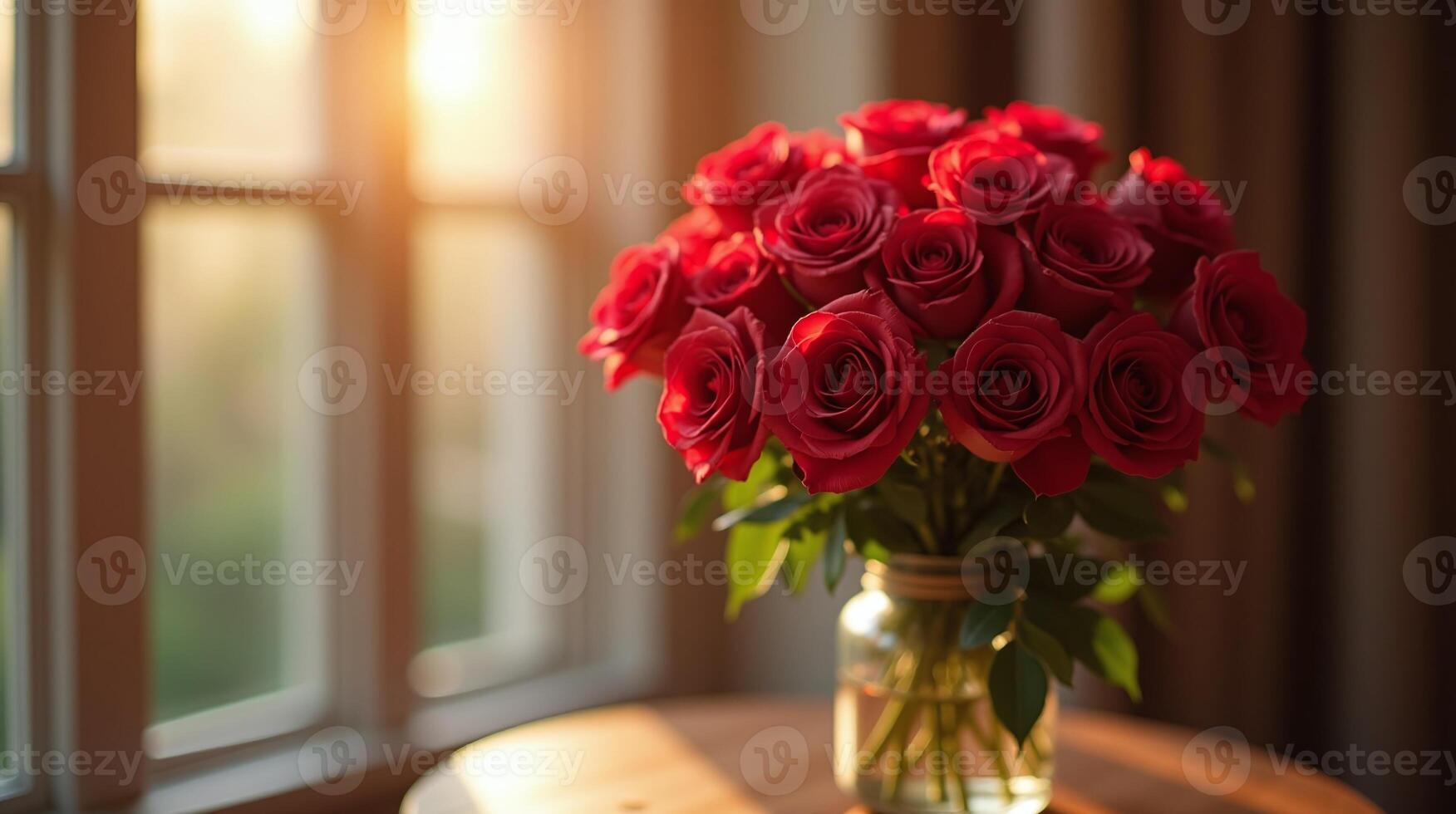 Bouquet of red roses in vase, set on table by window. photo