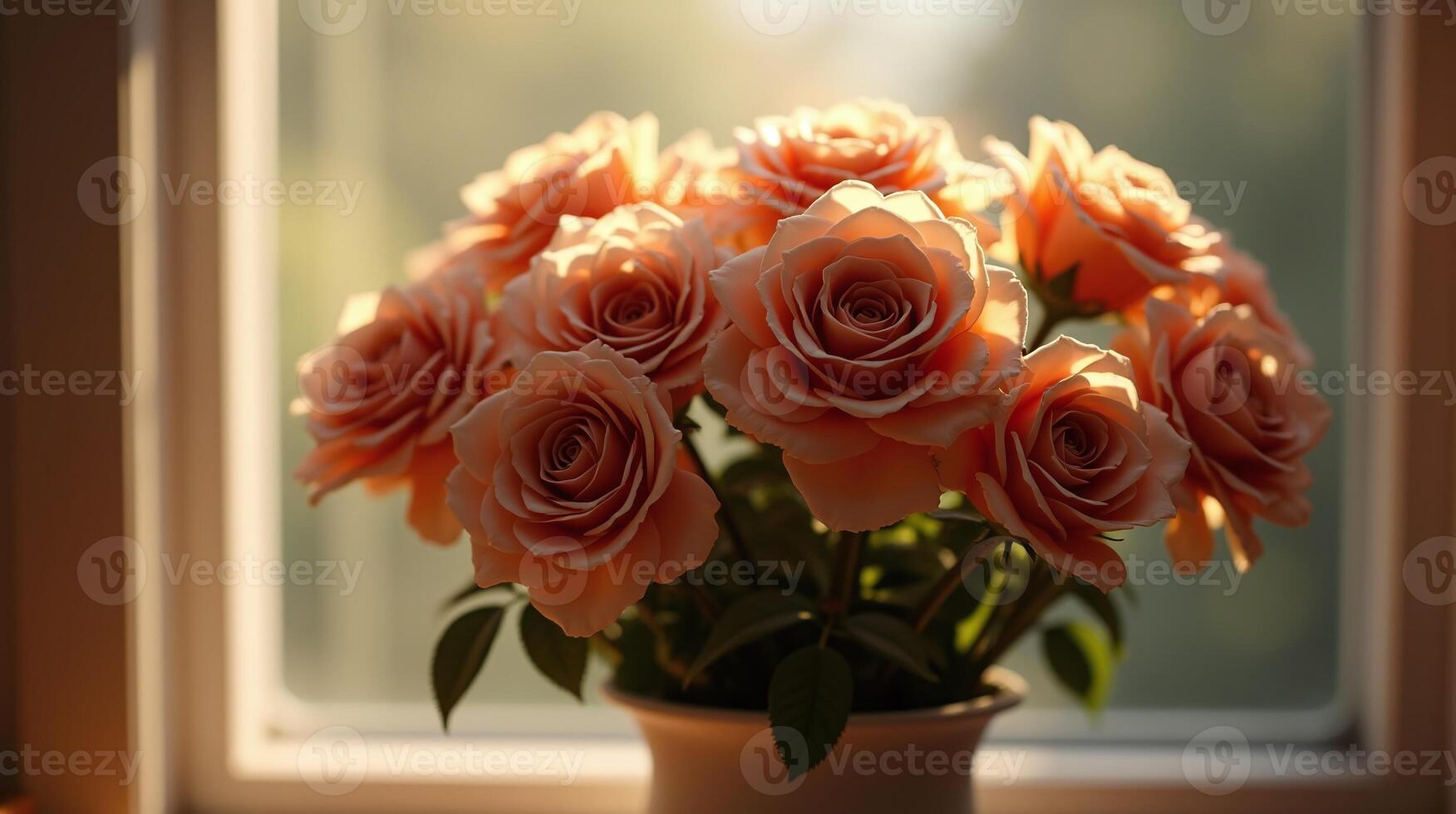 Bouquet of peach roses in sunlight, serene simplicity. photo