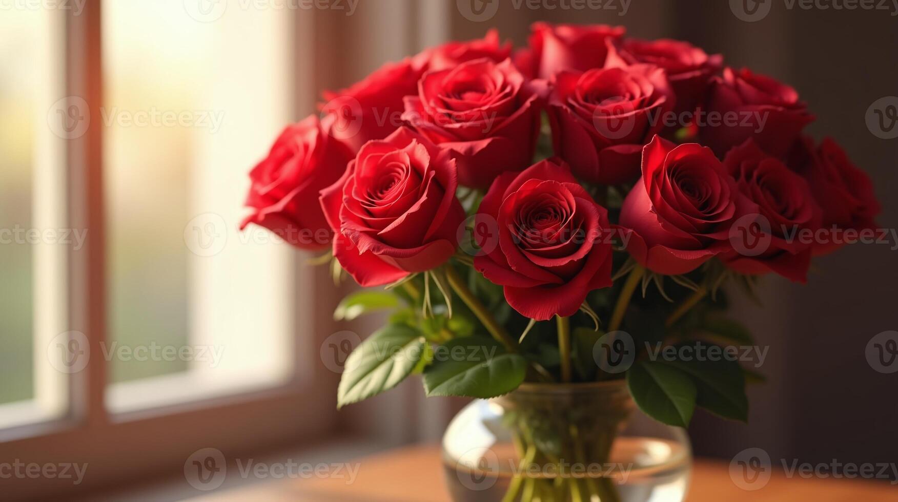 A bouquet of vibrant red roses in a vase on a table by a window. photo