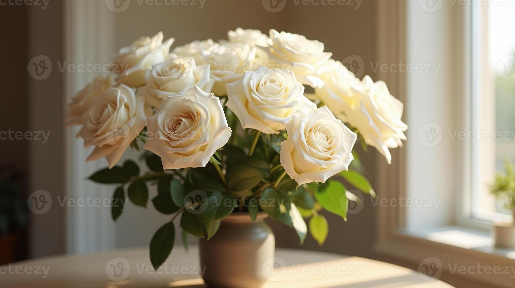 Bouquet of white roses nestled in a vase by the window. photo