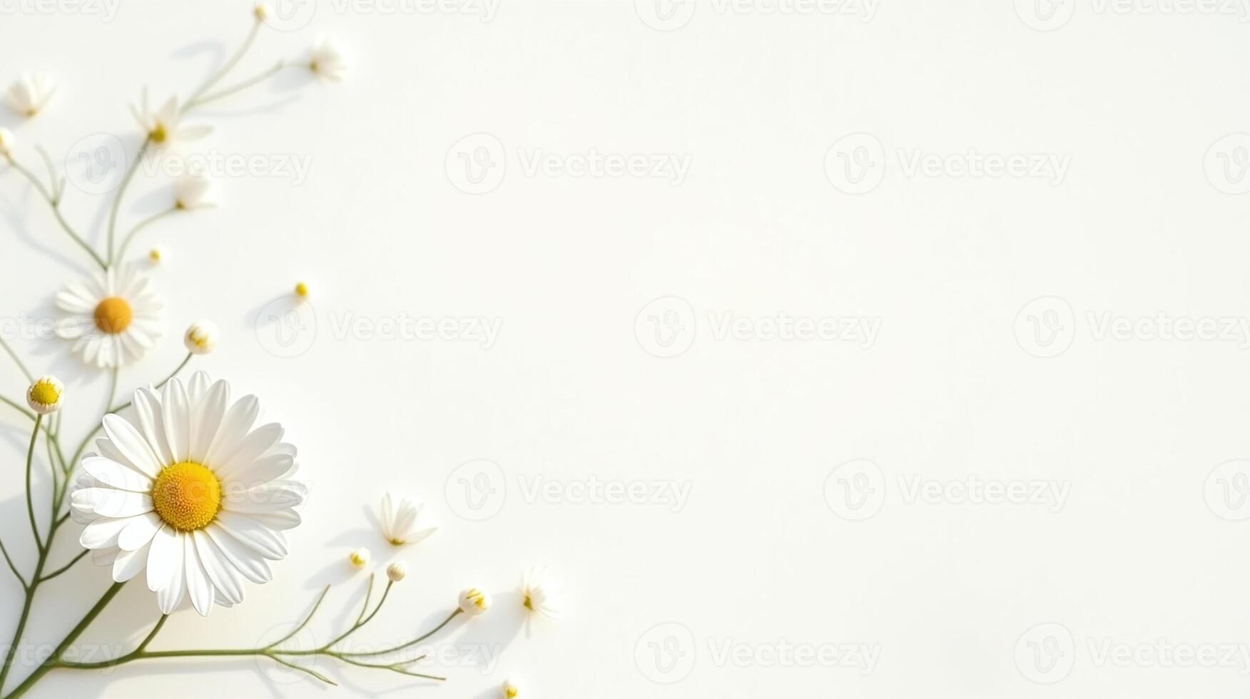 White daisies bloom gently against a serene, neutral backdrop. photo