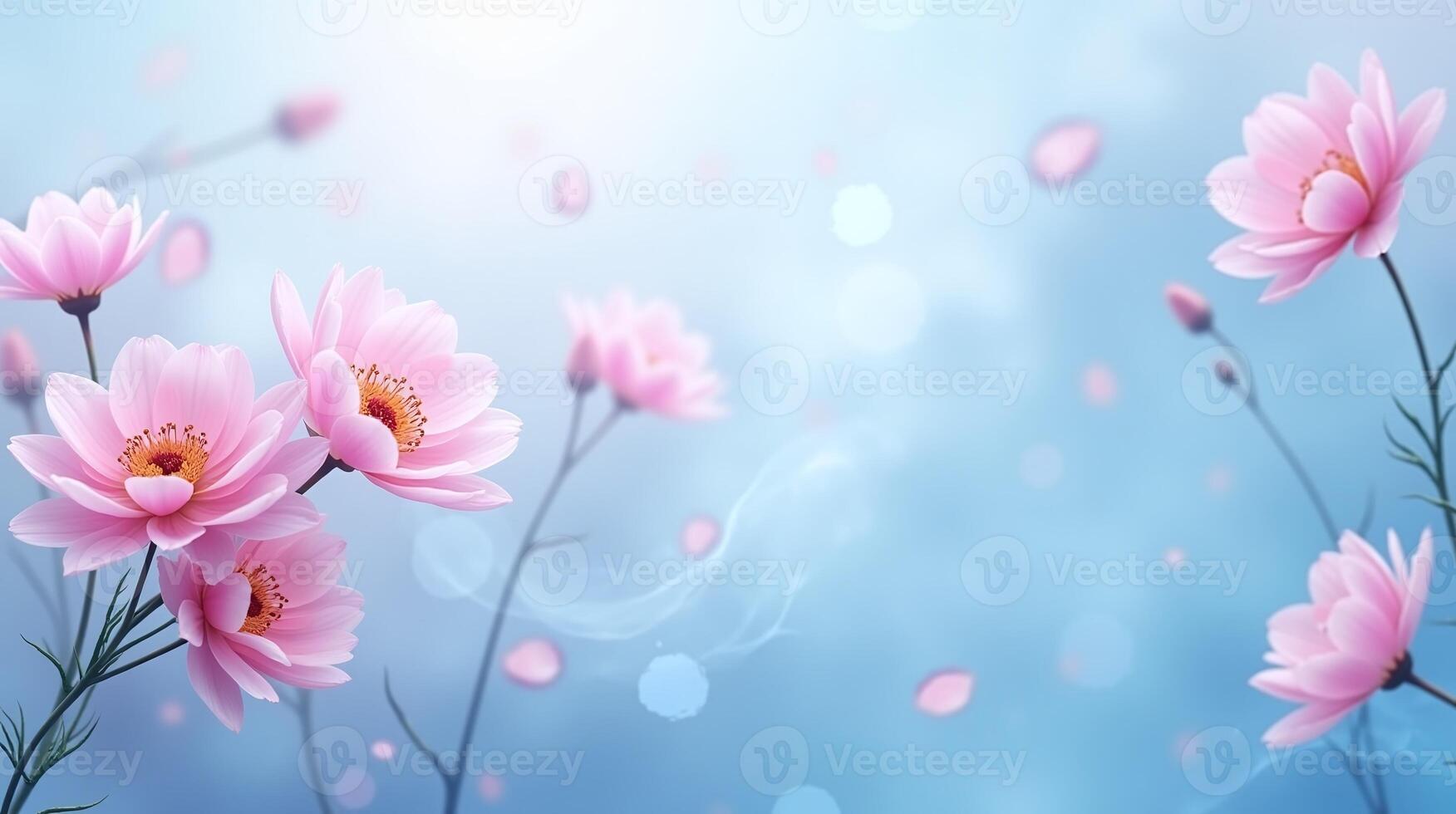 Pink flowers in soft focus against a gentle blue background. photo