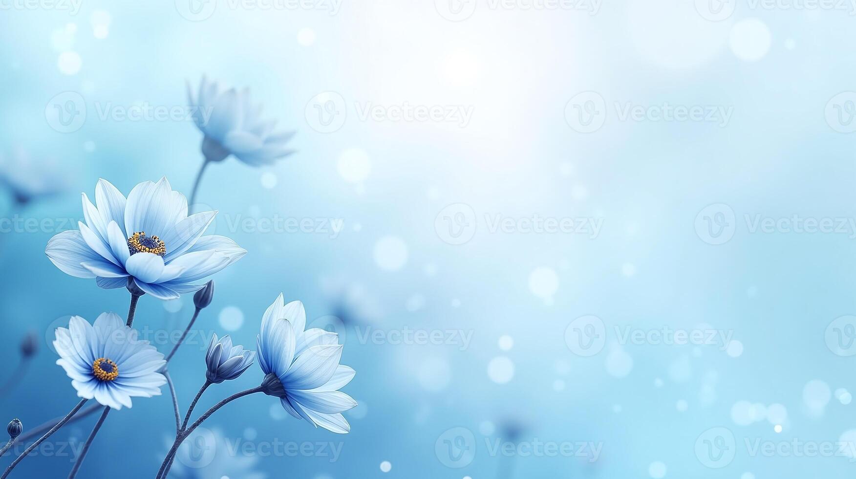 Blue flowers against a serene, soft-hued background. photo