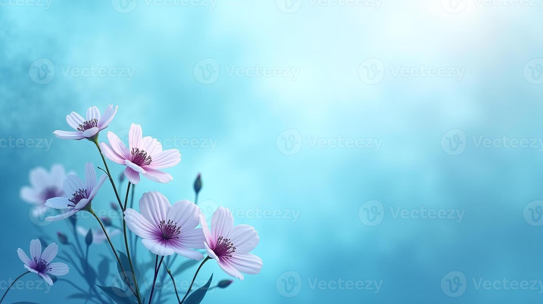 The image depicts a serene, colorful floral arrangement against a ethereal, light blue backdrop. photo