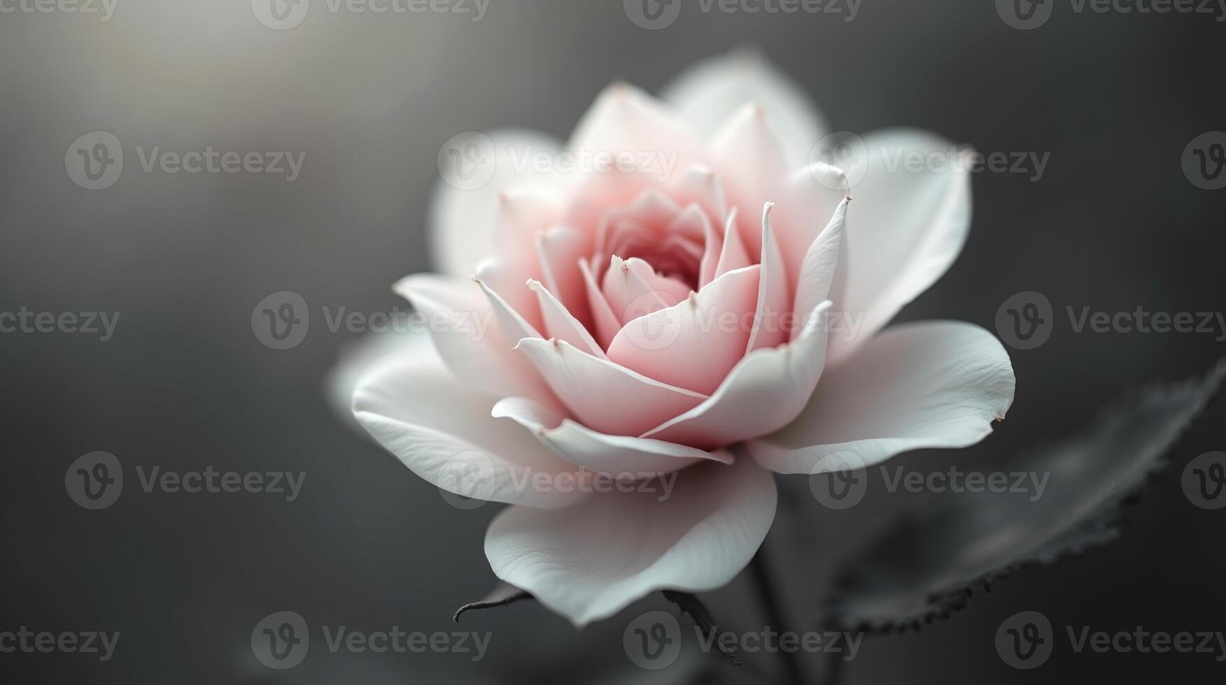 A single, delicate rose blooms against a blurred, monochromatic background. photo