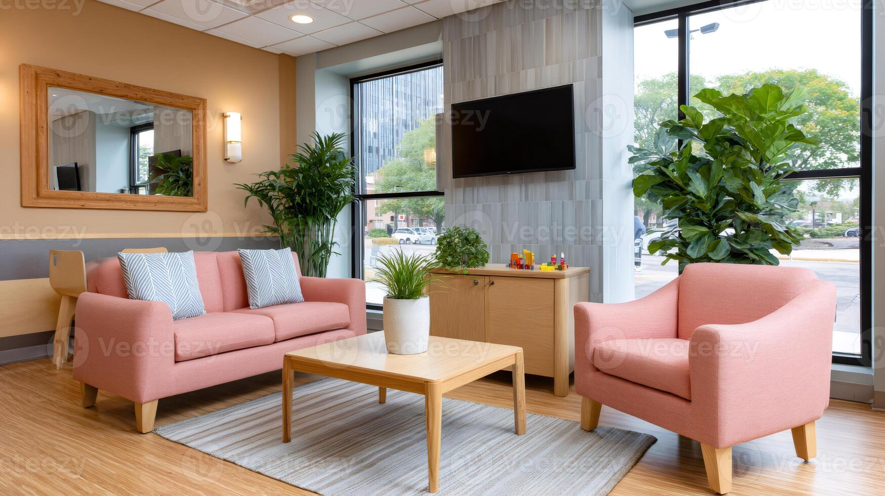 Modern waiting room with pink sofas, wooden furniture and large windows showcasing city view photo