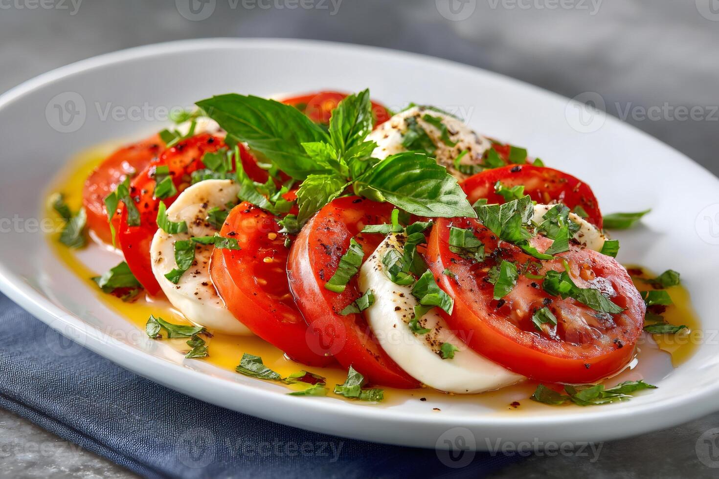 Fresh caprese salad with mozzarella cheese, tomatoes, basil and olive oil dressing photo