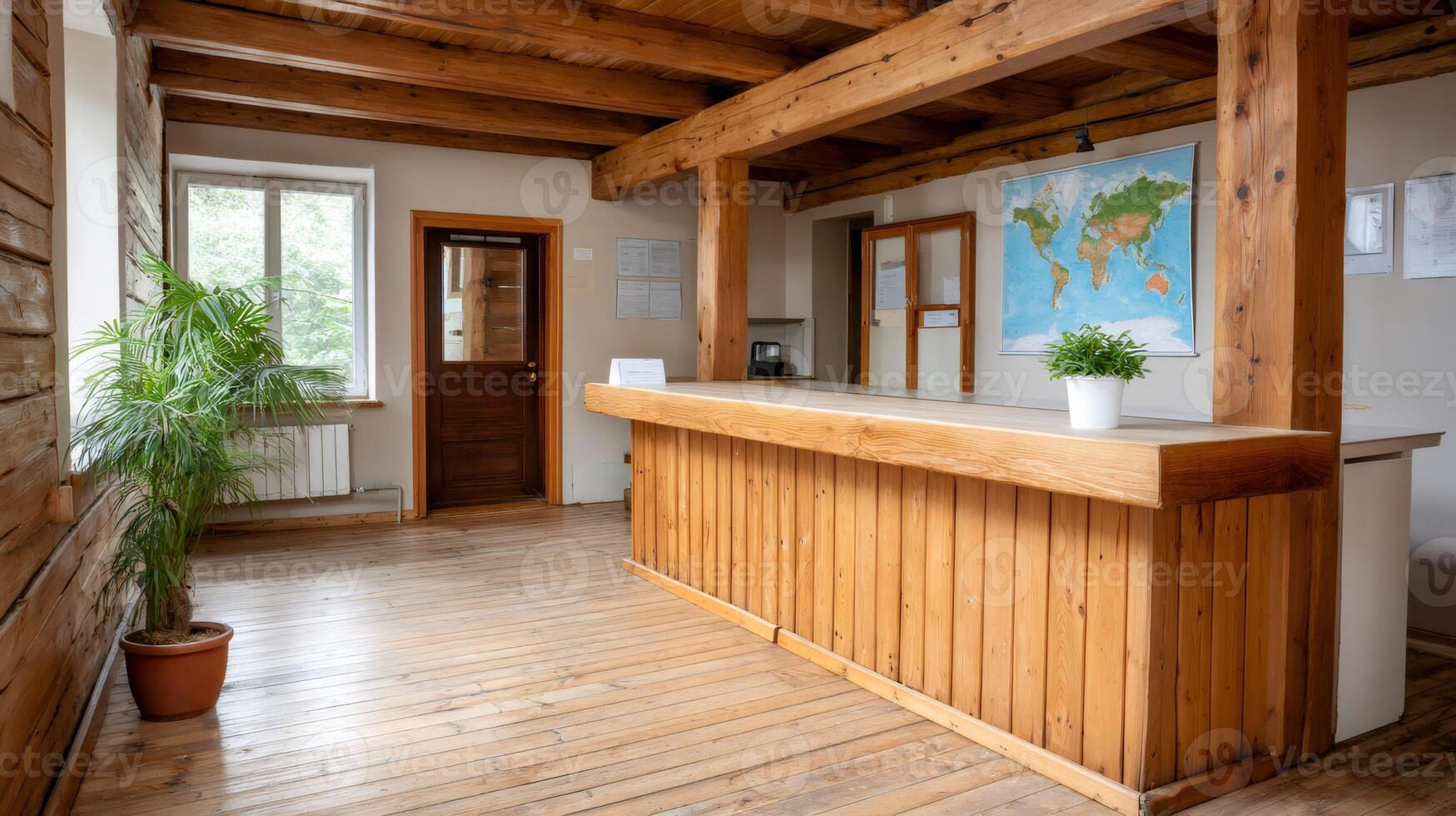 Wooden reception desk with world map showing global business in rustic office photo