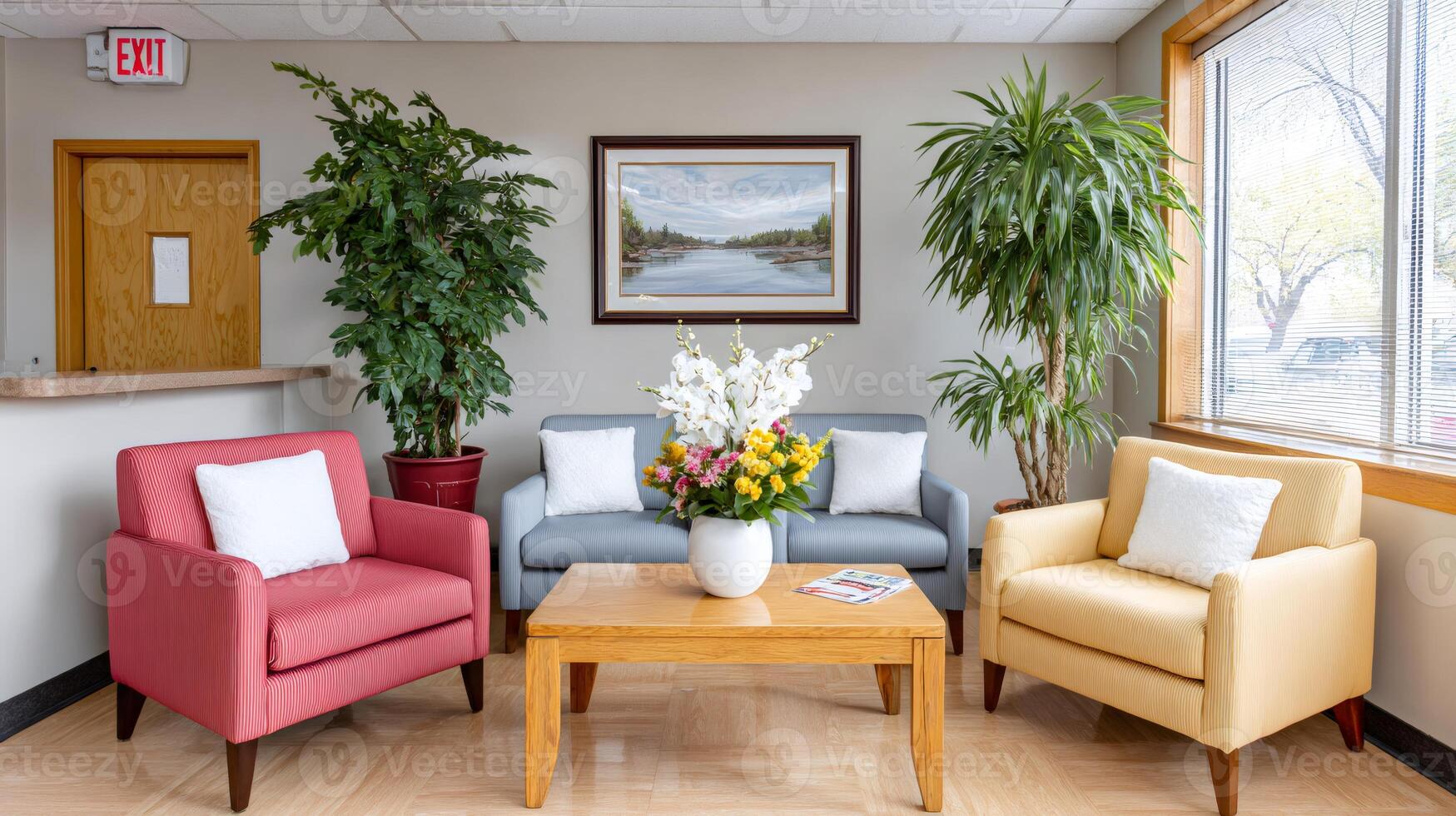 Comfortable waiting room with colorful armchairs and plants creating a welcoming atmosphere photo
