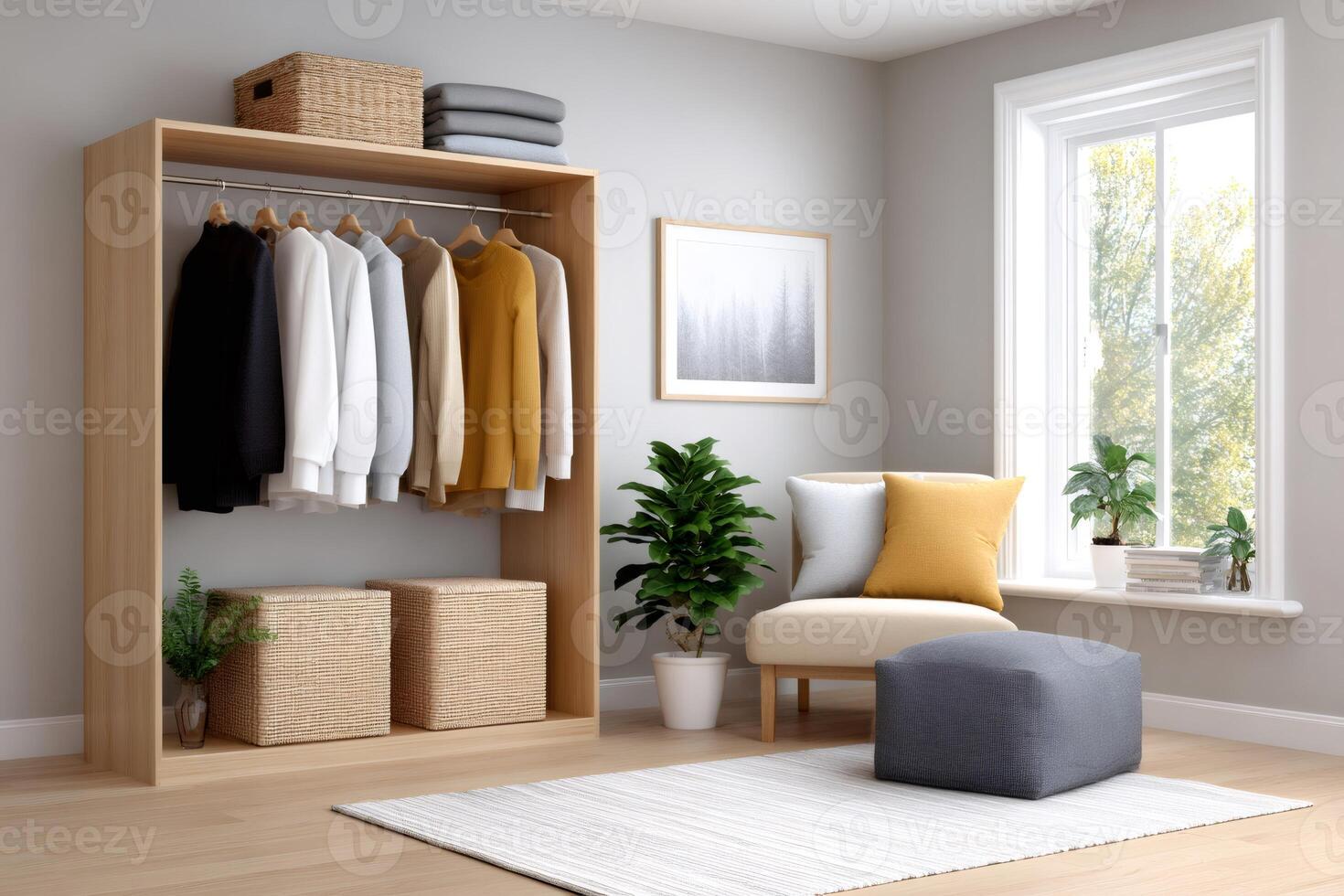 Modern and Minimalist Open Wardrobe in a Cozy Room photo