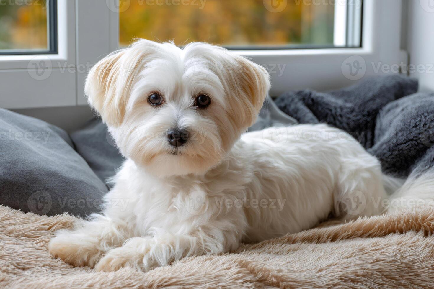 Small white dog lying on blanket near window photo