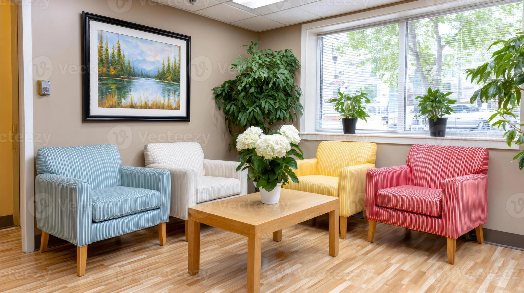 Colorful armchairs and wooden table decorating medical clinic waiting area photo