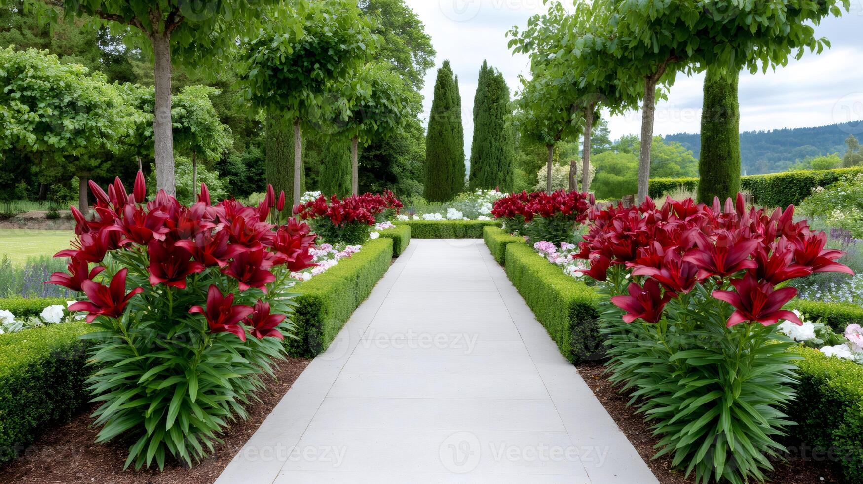 Dark red lilies bordering a path in a formal garden photo