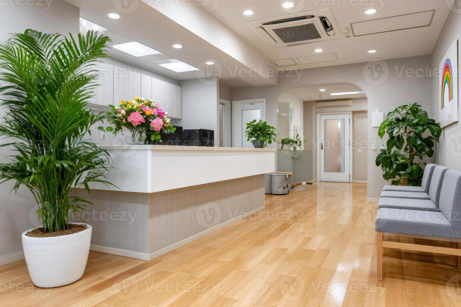 Modern clinic reception with waiting area and potted plants showing welcoming atmosphere photo