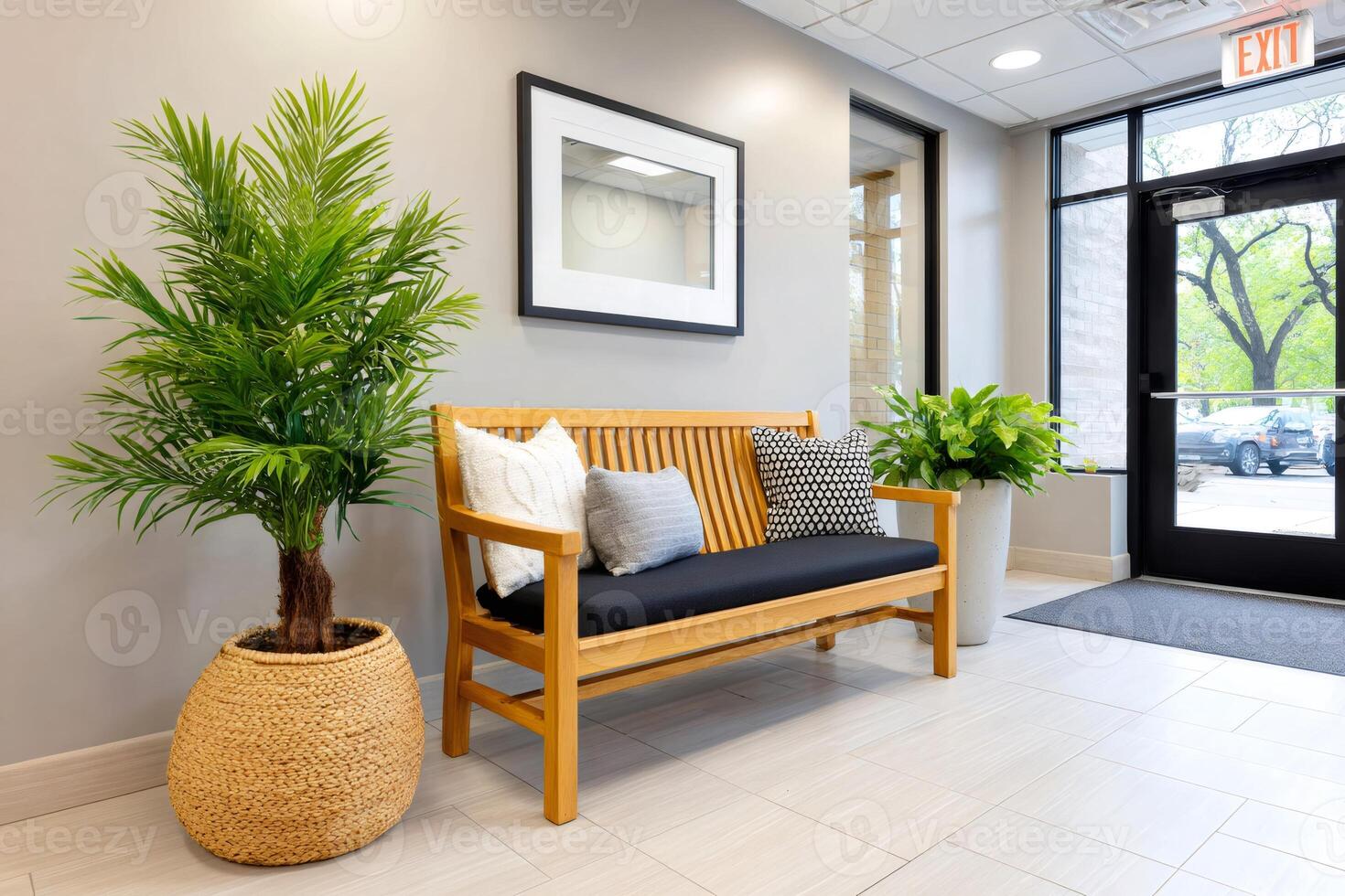 Wooden bench with cushions and plants decorating a modern office waiting area photo